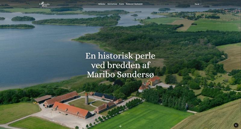 The front page of the new Engestofte website, with an aerial photo of the estate by Maribo Søndersø